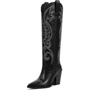 Women's Black-off Knee High Cowgirl Pointed Toe Chunky Heel Slip On Boots